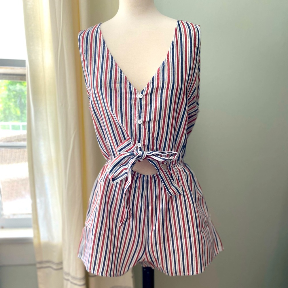 L Love brand red & blue tie front romper. Sz L